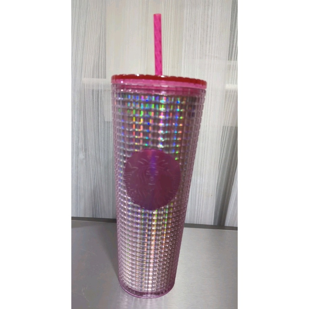 Starbucks 2023 Grid Bubblegum Gradient Pink Silver Iridescent Tumbler Cup 24‎ oz